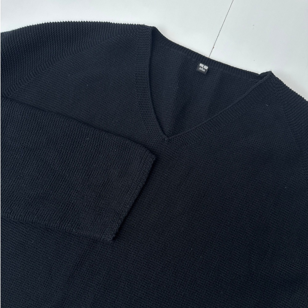 Uniqlo Womens Black 100% Cotton V-Neck Textured Knit Sweater Size L 474978